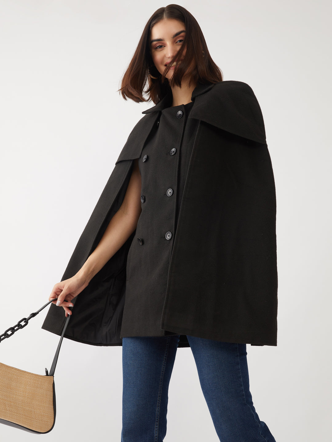 Black Solid Cape Coat For Women