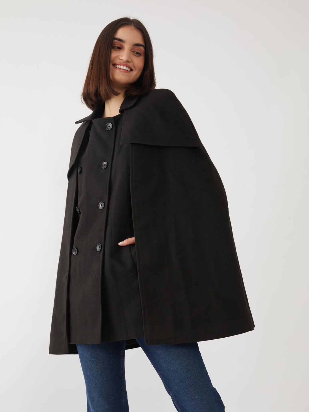 Black Solid Cape Coat For Women