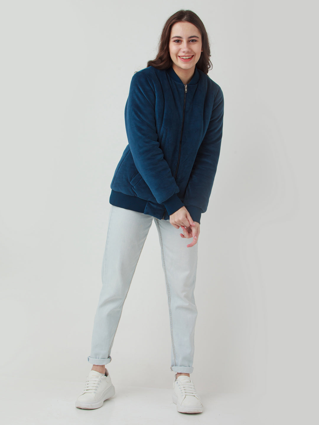 Navy Blue Solid Bomber Jacket For Women