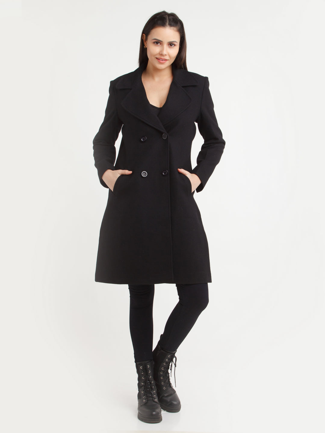 Black Solid Coat For Women