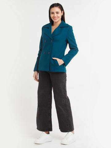 Teal Solid Coat For Women