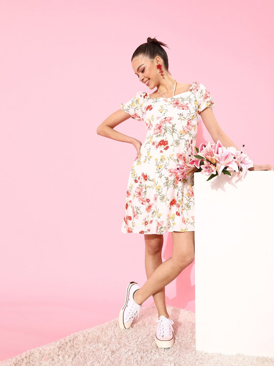White Floral Print Shift Dress For Women