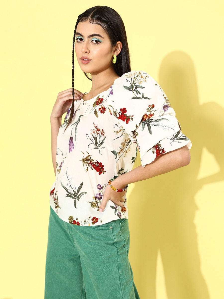 White Floral Print Puff Sleeve Top For Women