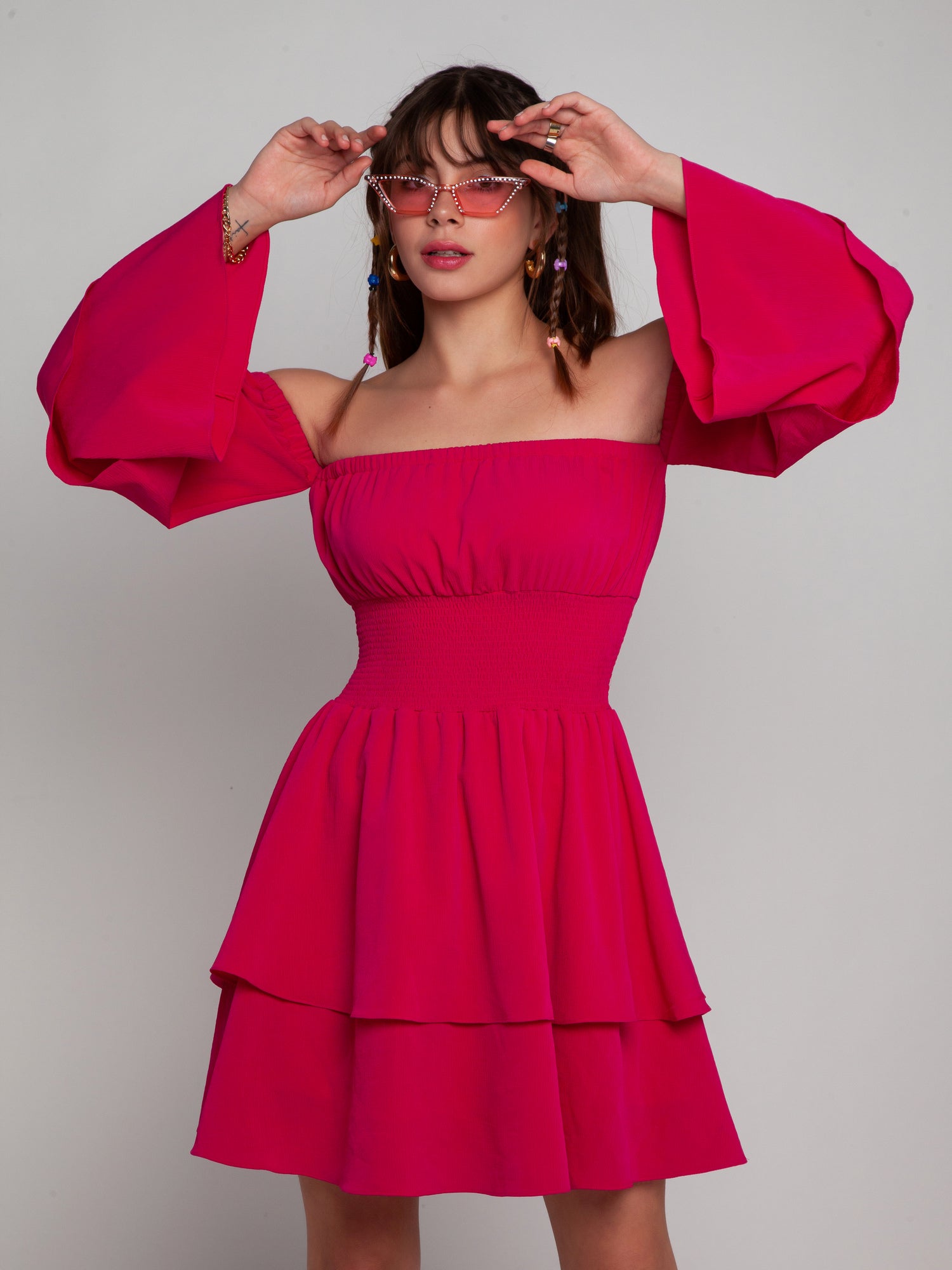 Pink Solid Off-shoulder Short Dress