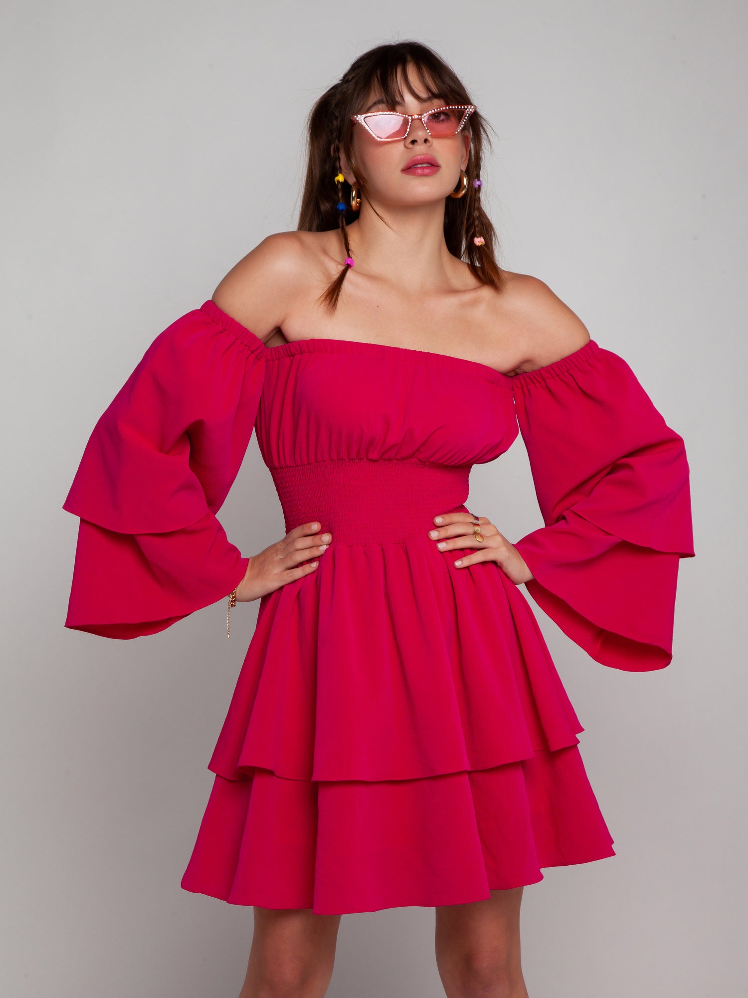 Pink Solid Off-shoulder Short Dress