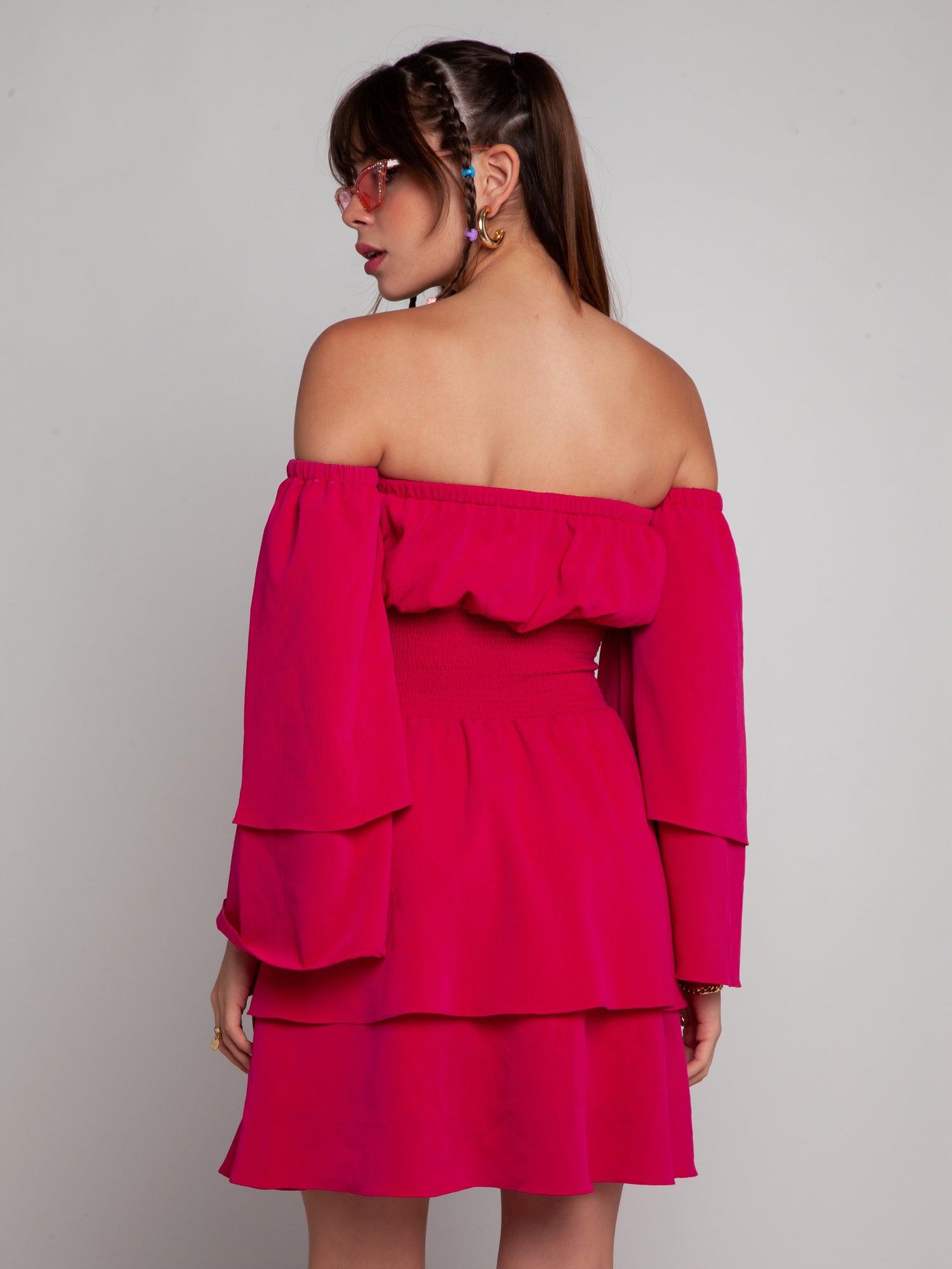 Pink Solid Off-shoulder Short Dress