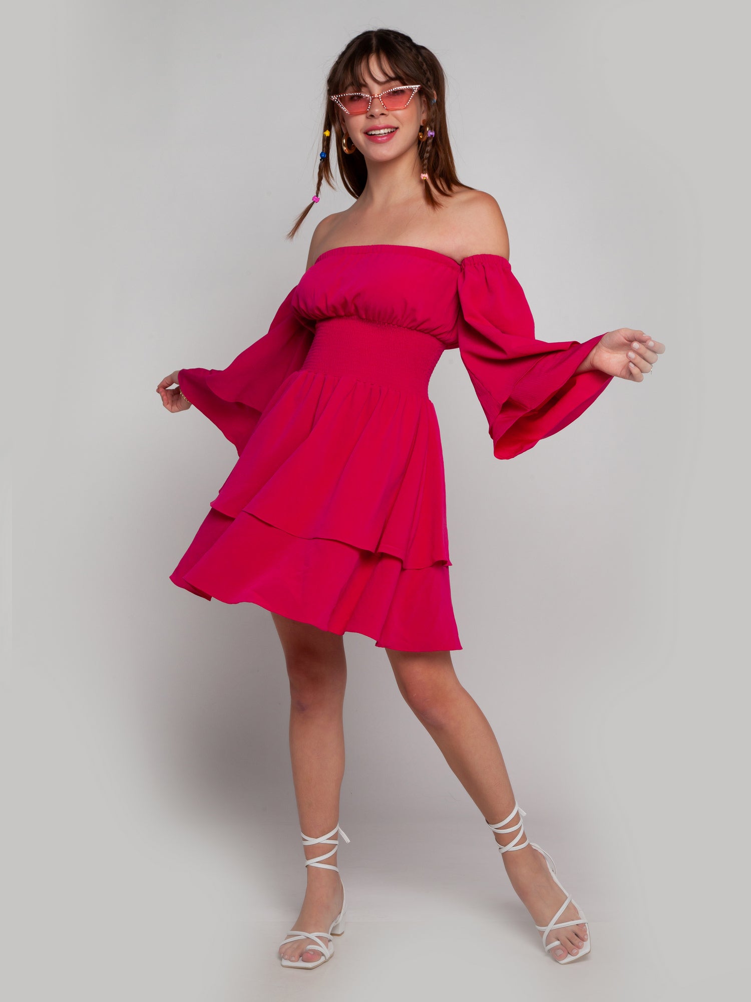 Pink Solid Off-shoulder Short Dress