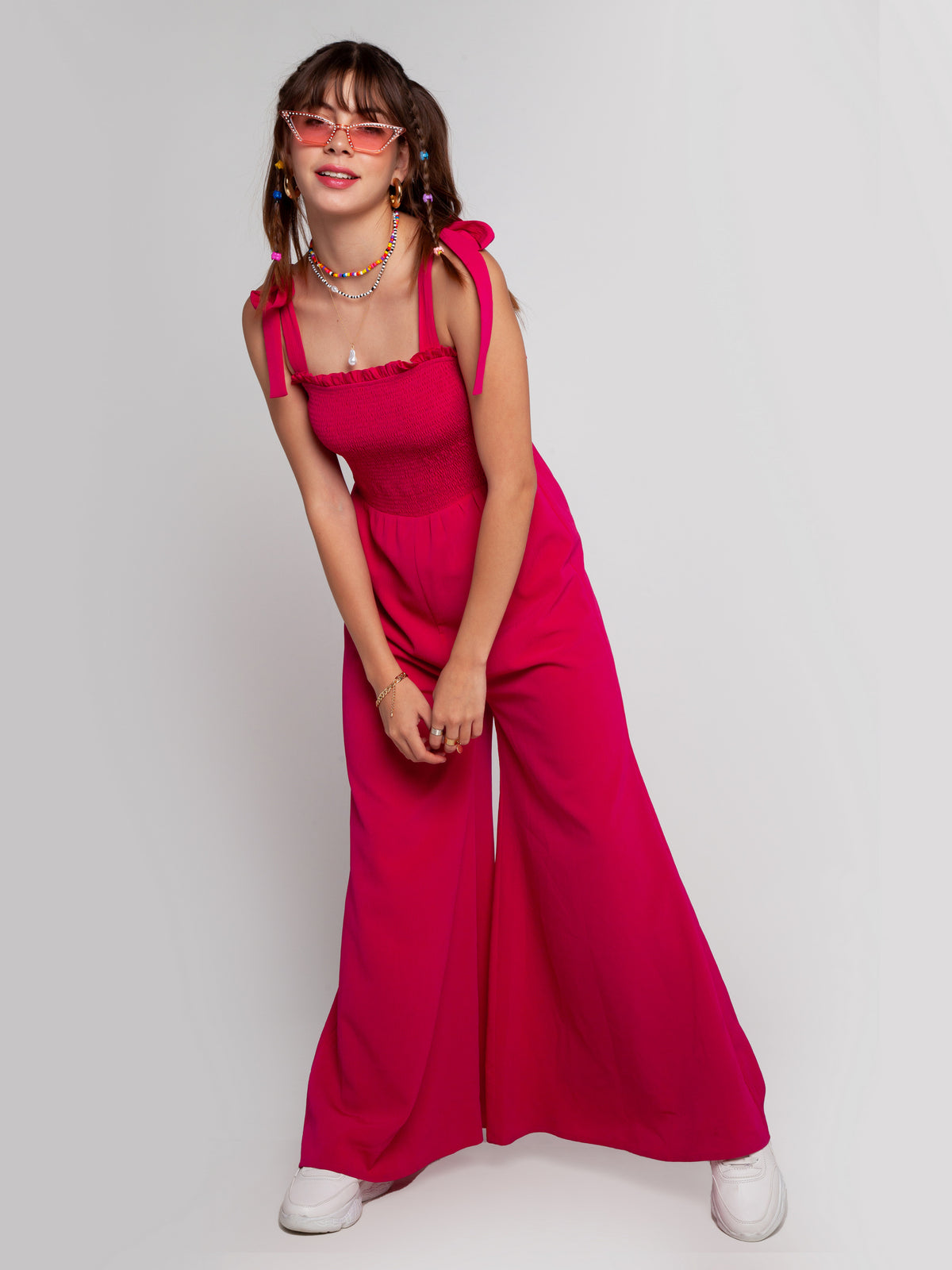 Pink Solid Elasticated Jumpsuit For Women