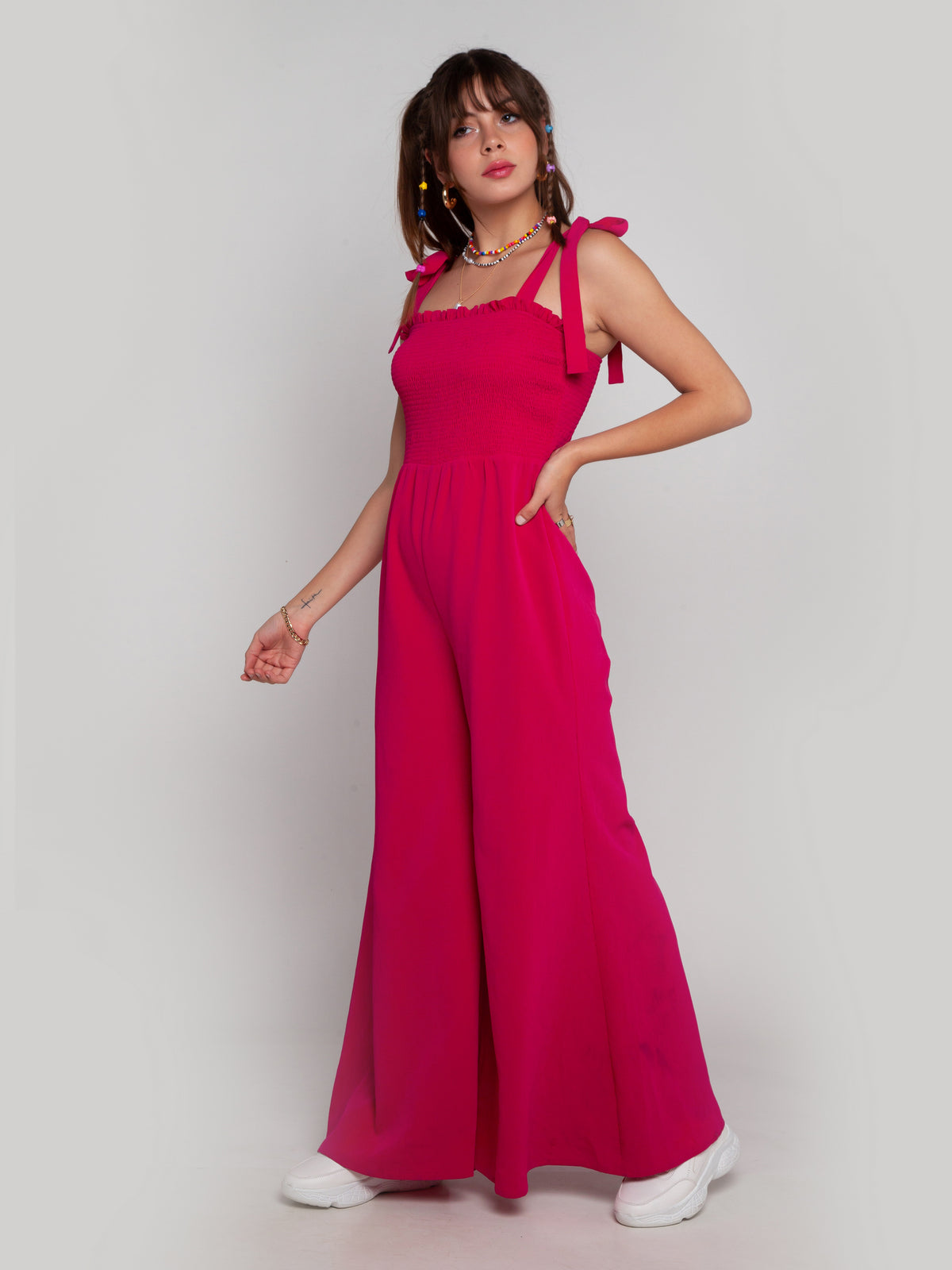 Pink Solid Elasticated Jumpsuit For Women