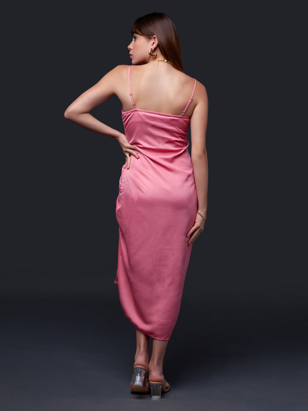 Pink Solid Strappy Midi Dress For Women