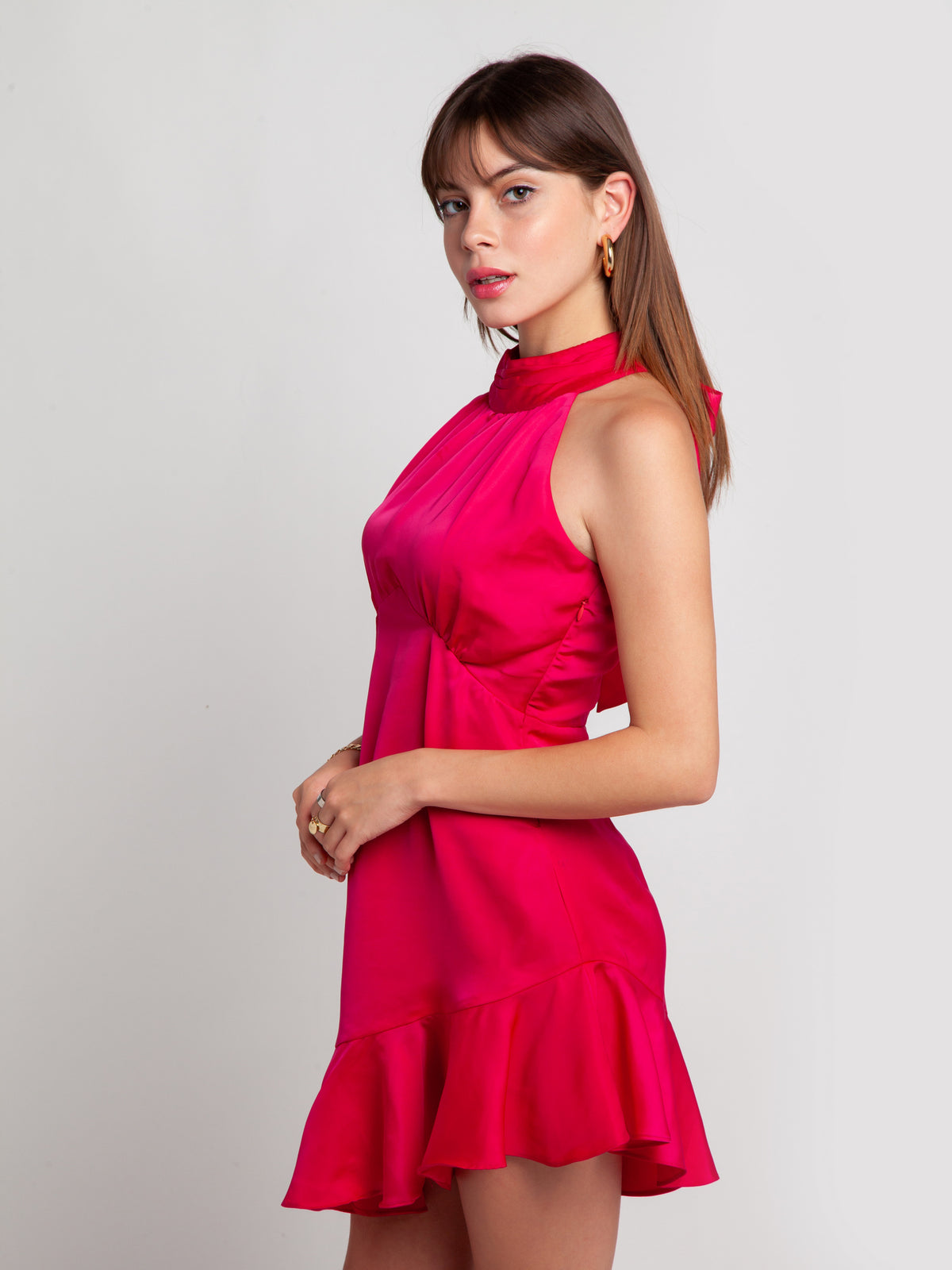 Pink Solid Ruffled Short Dress For Women