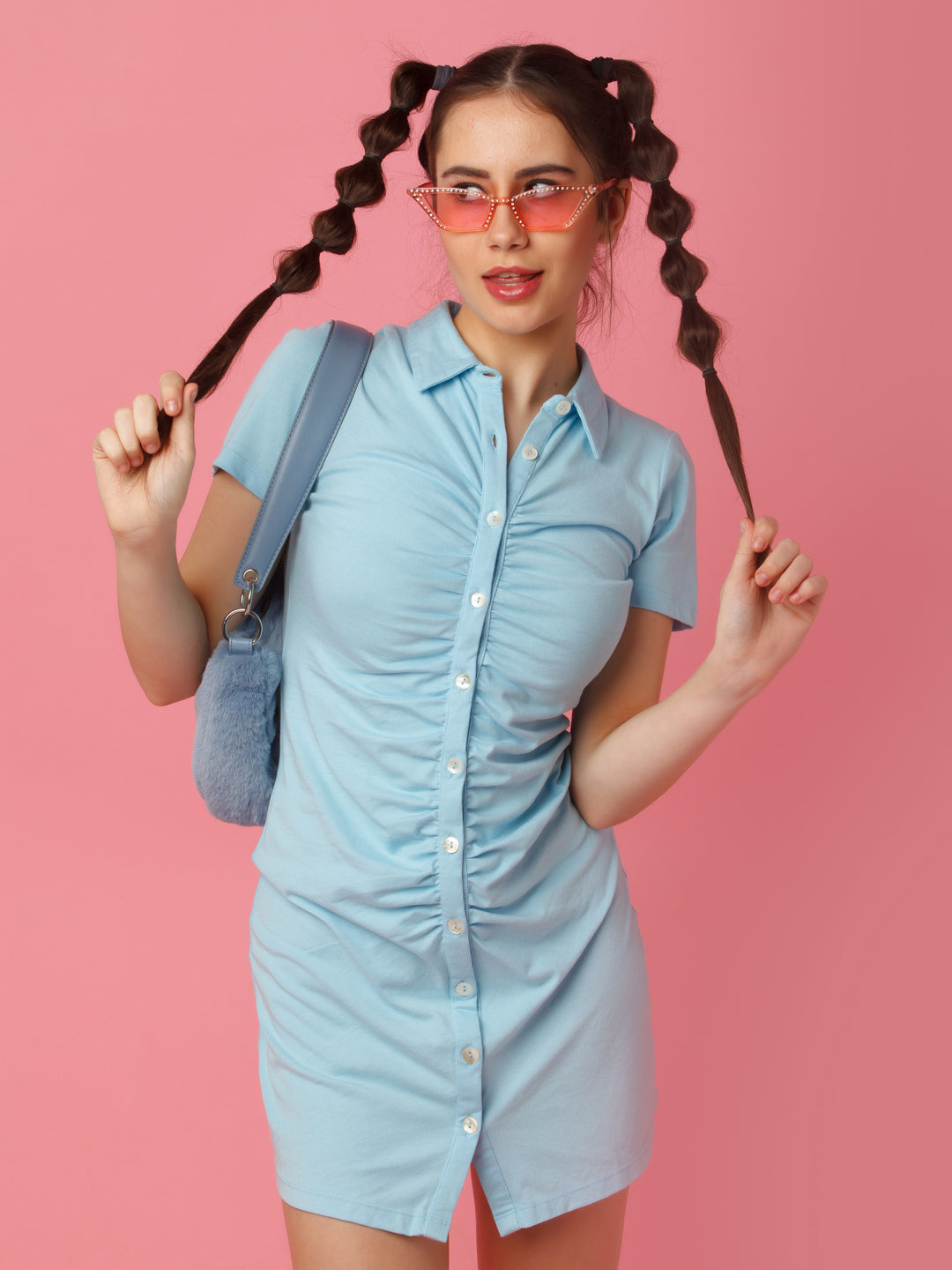 Blue Solid Fitted Shirt Style Short Dress