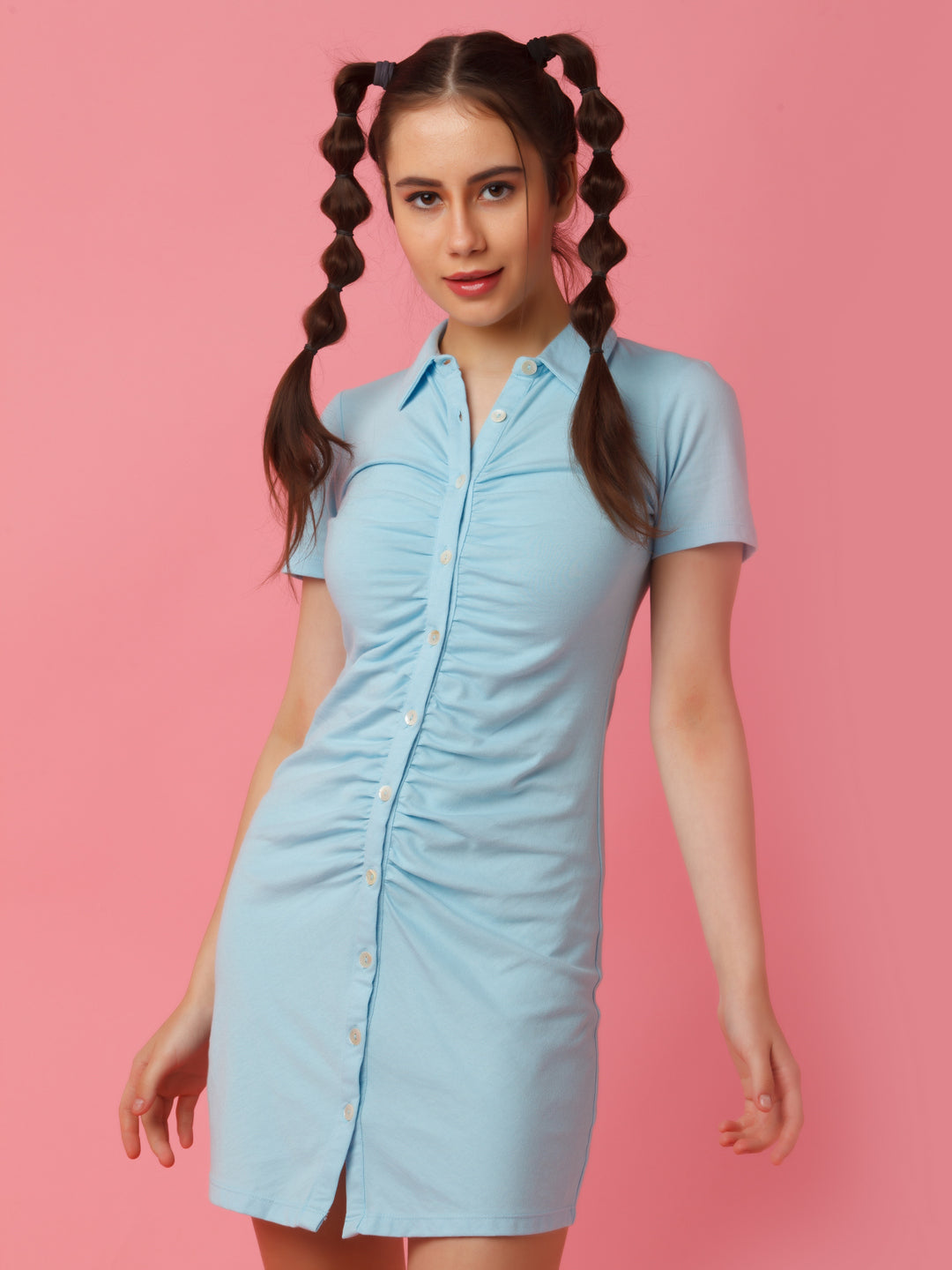 Blue Solid Fitted Shirt Style Short Dress For Women