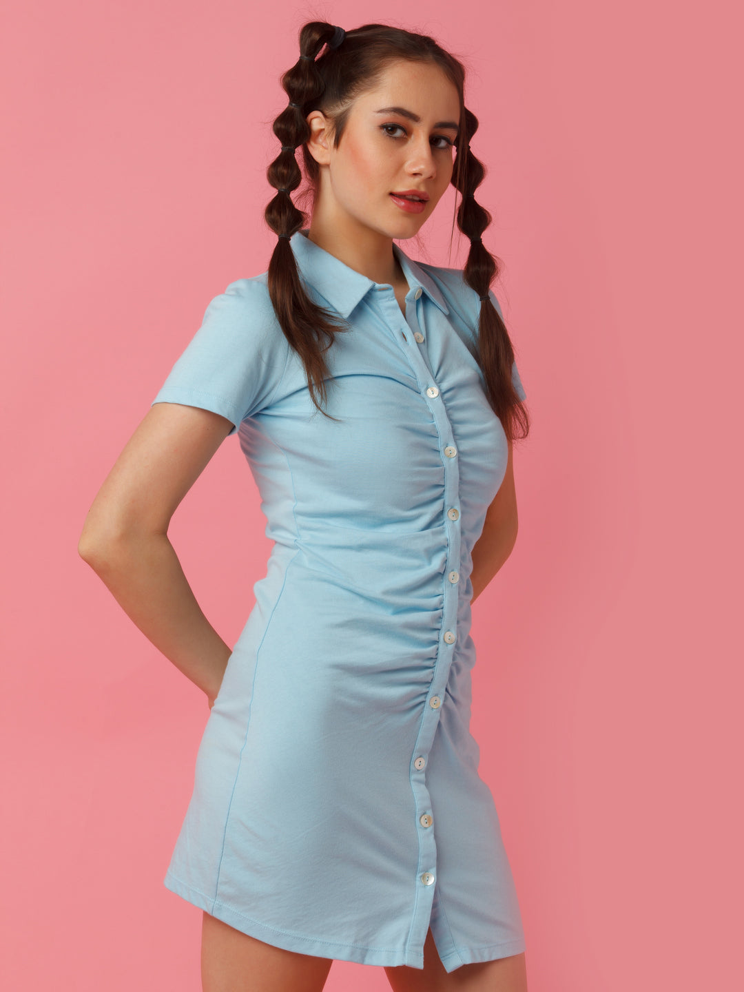 Blue Solid Fitted Shirt Style Short Dress