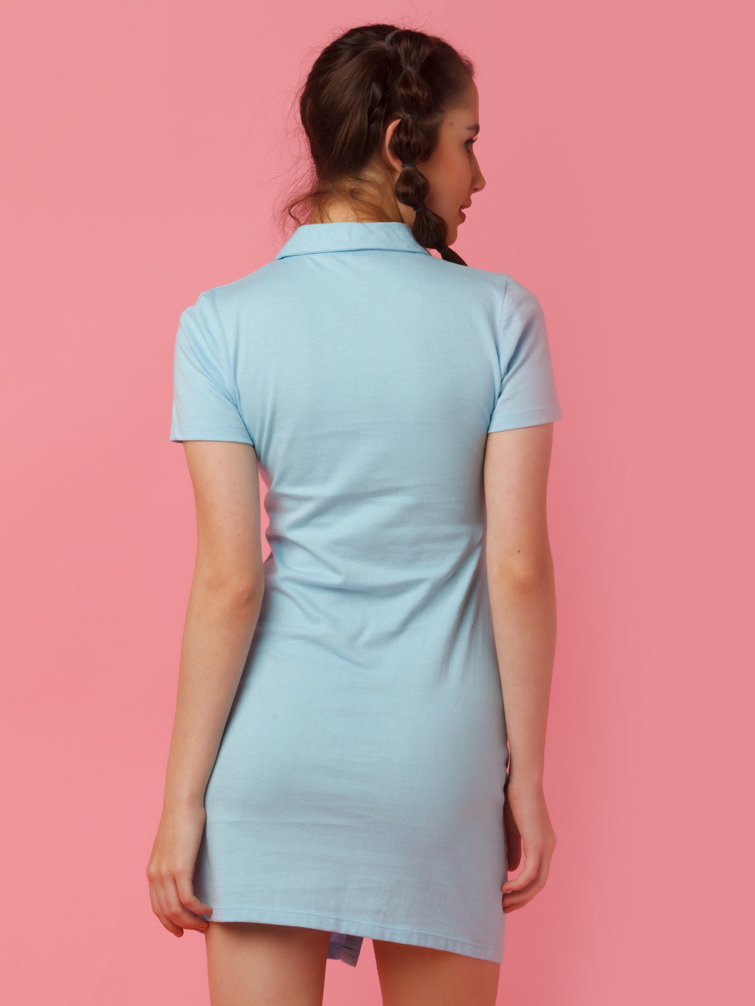 Blue Solid Fitted Shirt Style Short Dress