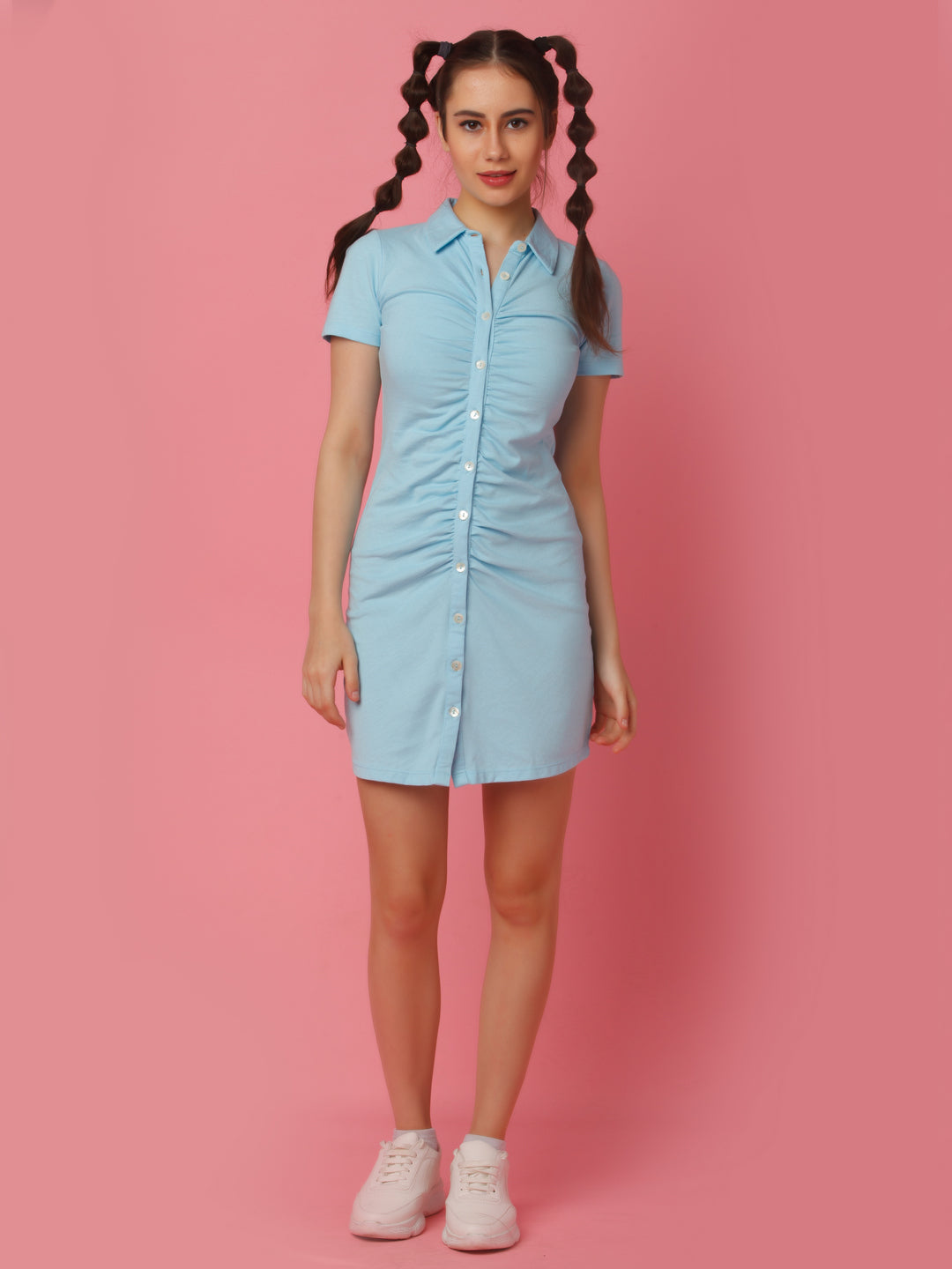 Blue Solid Fitted Shirt Style Short Dress For Women