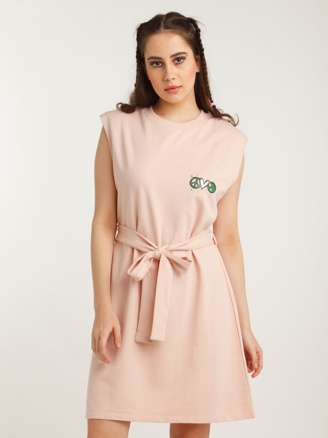 Peach Solid Tie-Up Short Dress For Women