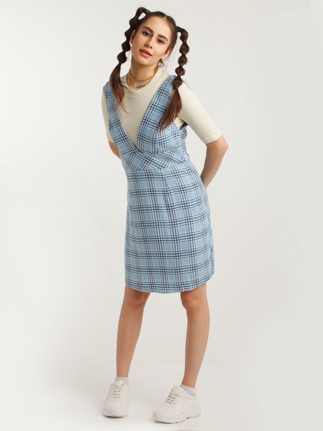 Blue Checked A-Line Short Dress