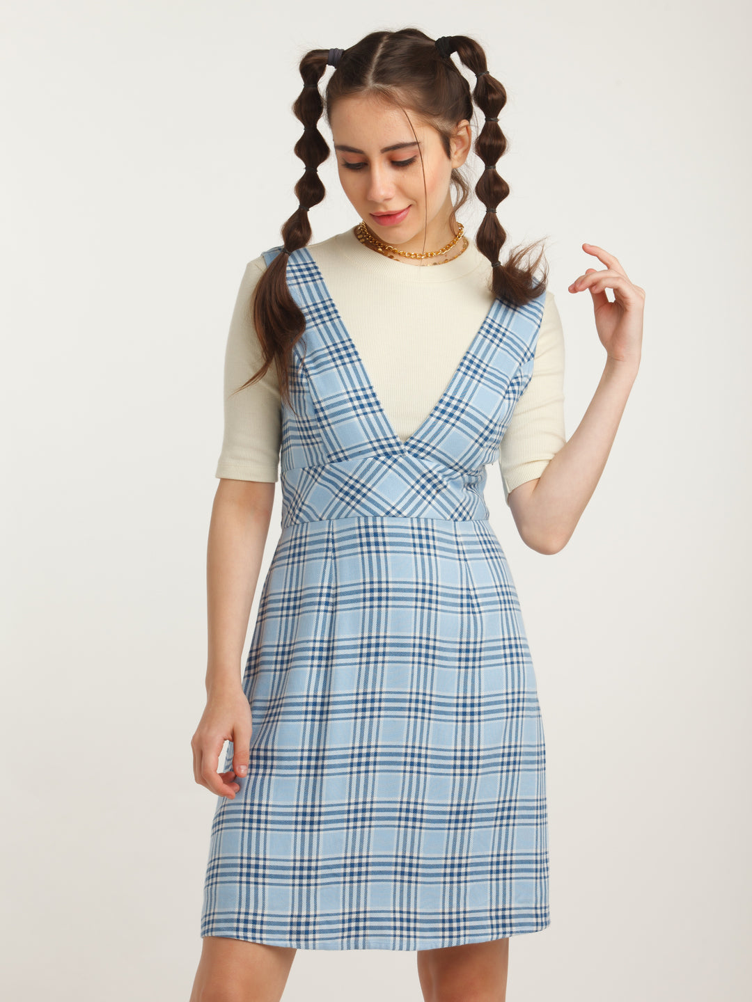 Blue Checked A-Line Short Dress