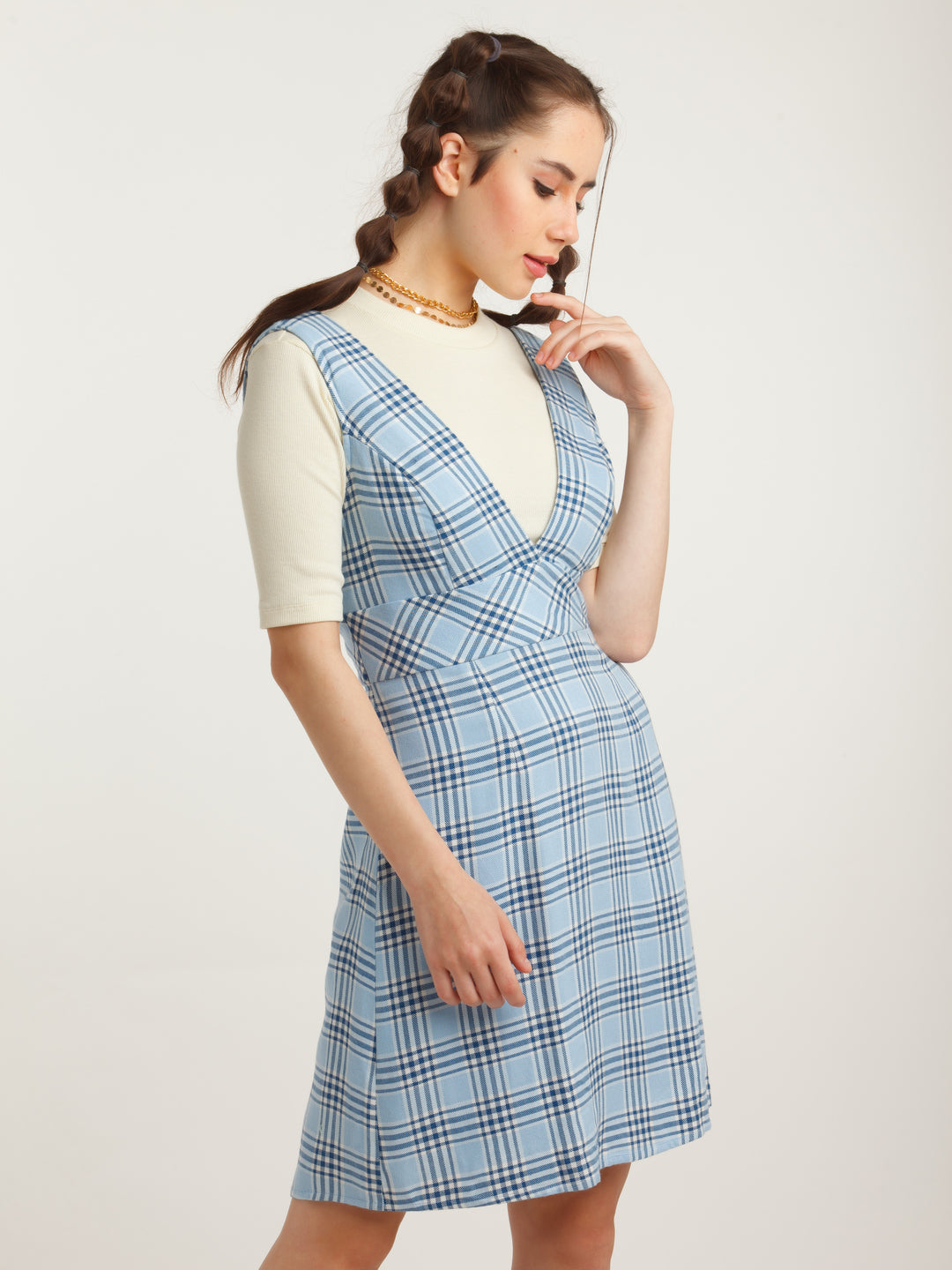 Blue Checked A-Line Short Dress For Women