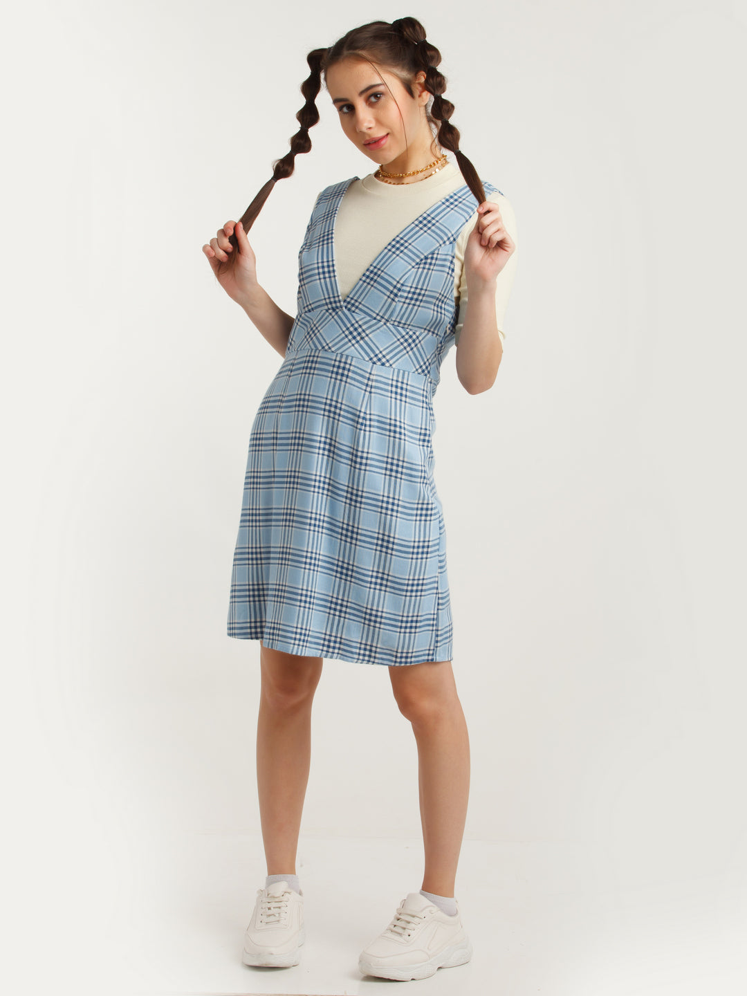 Blue Checked A-Line Short Dress