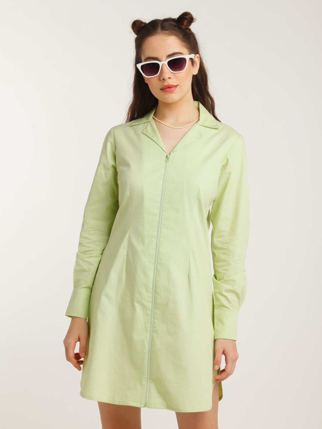 Green Solid Shirt Dress For Women
