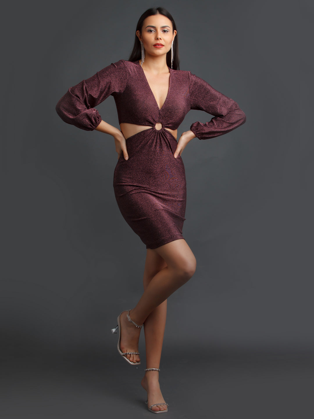 Wine Shimmer Fitted Short Dress For Women – Zink London