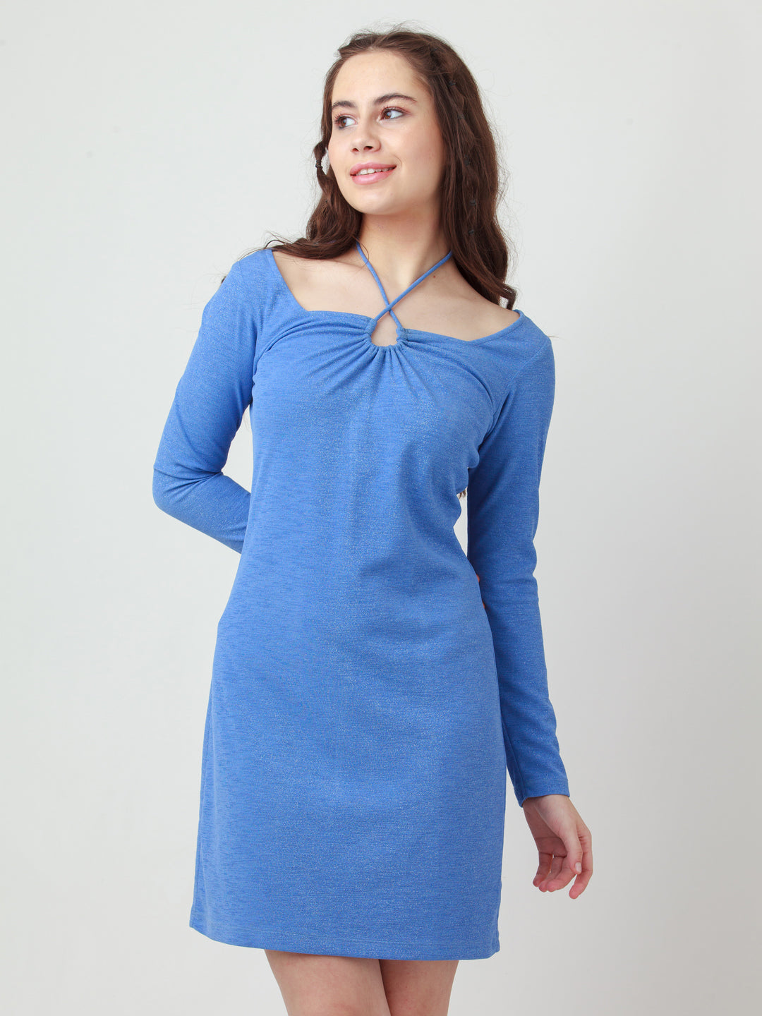 Blue Shimmer Tie-Up Short Dress For Women