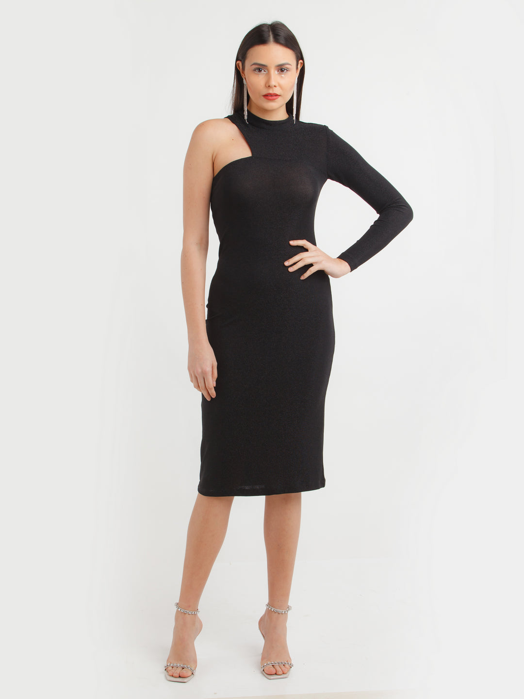 Black Shimmer Off Shoulder Midi Dress