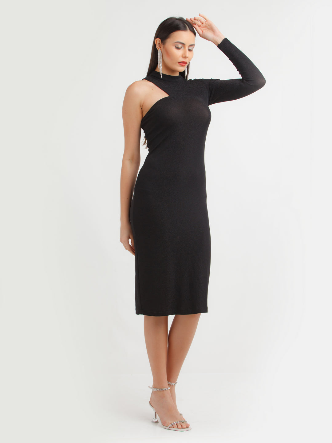 Black Shimmer Off Shoulder Midi Dress