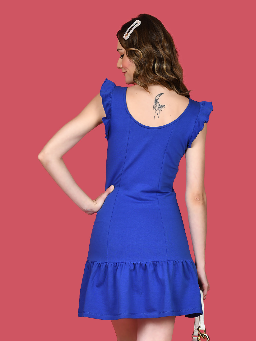 Blue Solid Ruffled Short Dress For Women