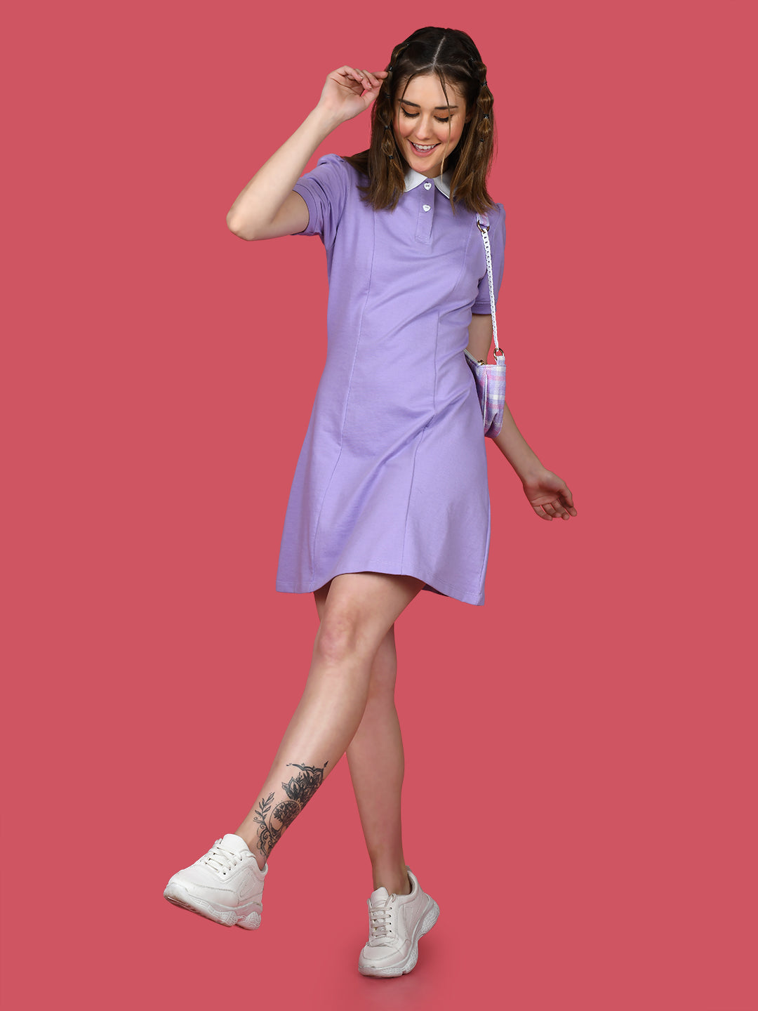 Purple Solid Puff Sleeve Short Dress