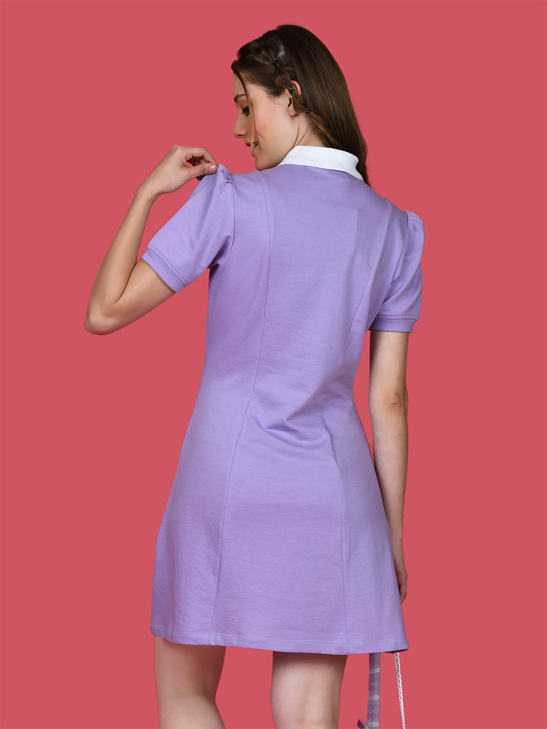 Purple Solid Puff Sleeve Short Dress
