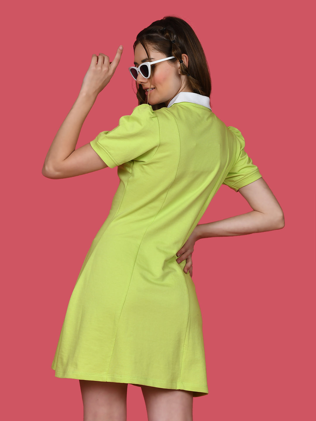 Green Solid Puff Sleeve Short Dress