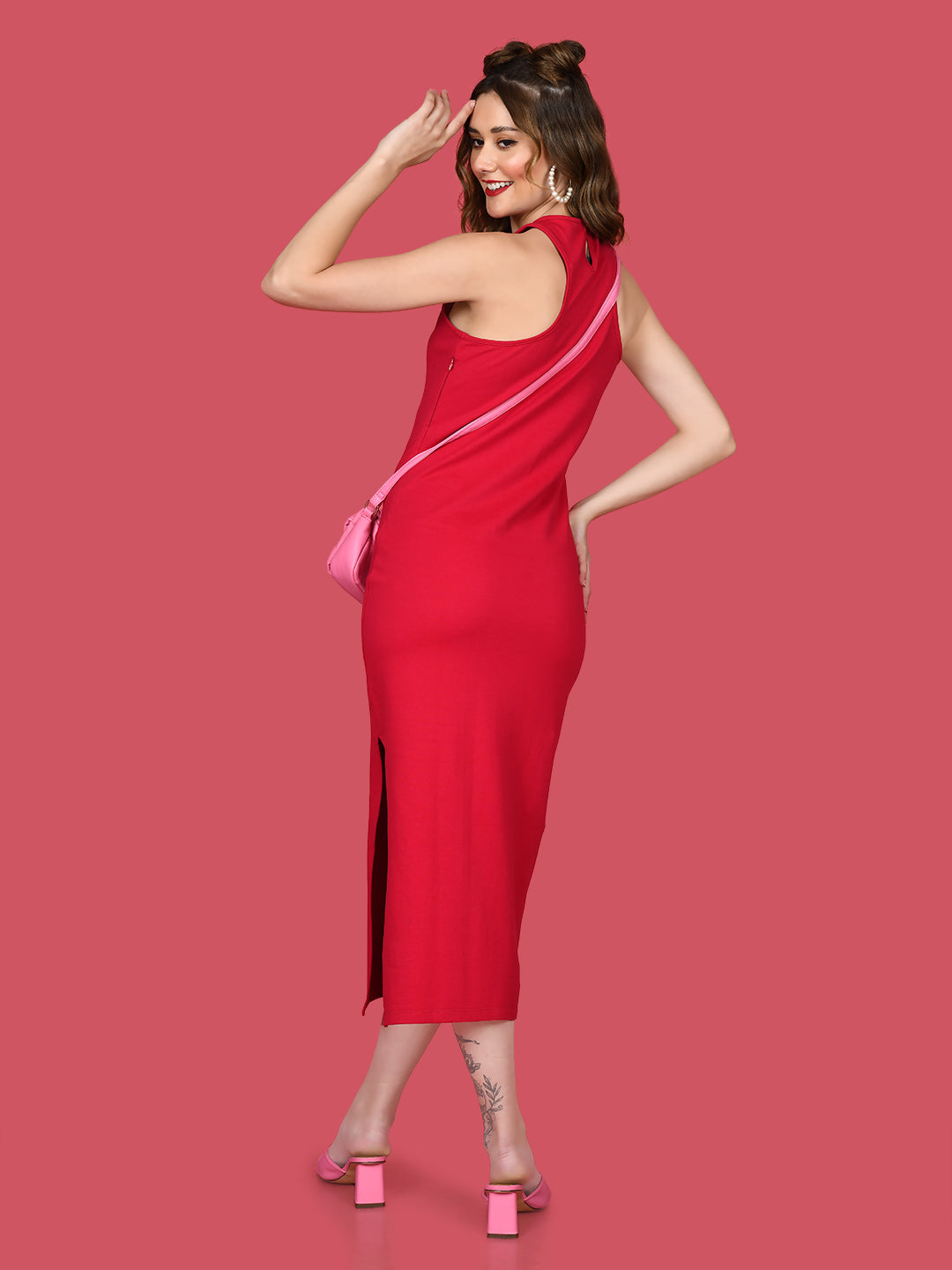 Red Solid Bodycon Midi Dress For Women