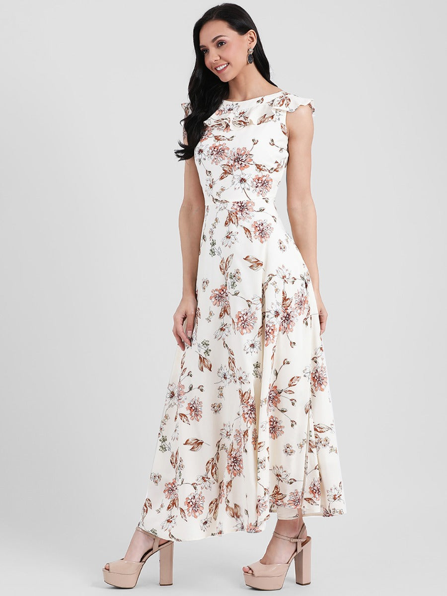 Off White Floral Printed Maxi Dress