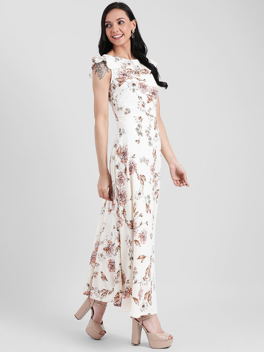 Off White Floral Printed Maxi Dress