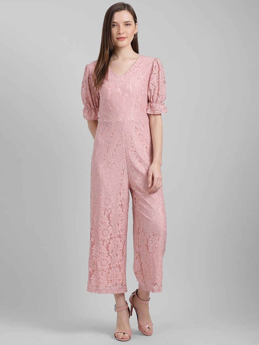 Pink Self Design Regular Jumpsuit