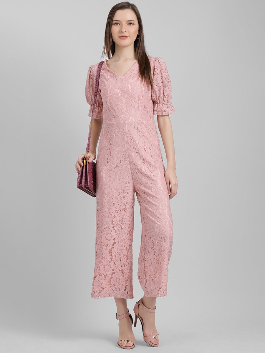 Pink Self Design Regular Jumpsuit