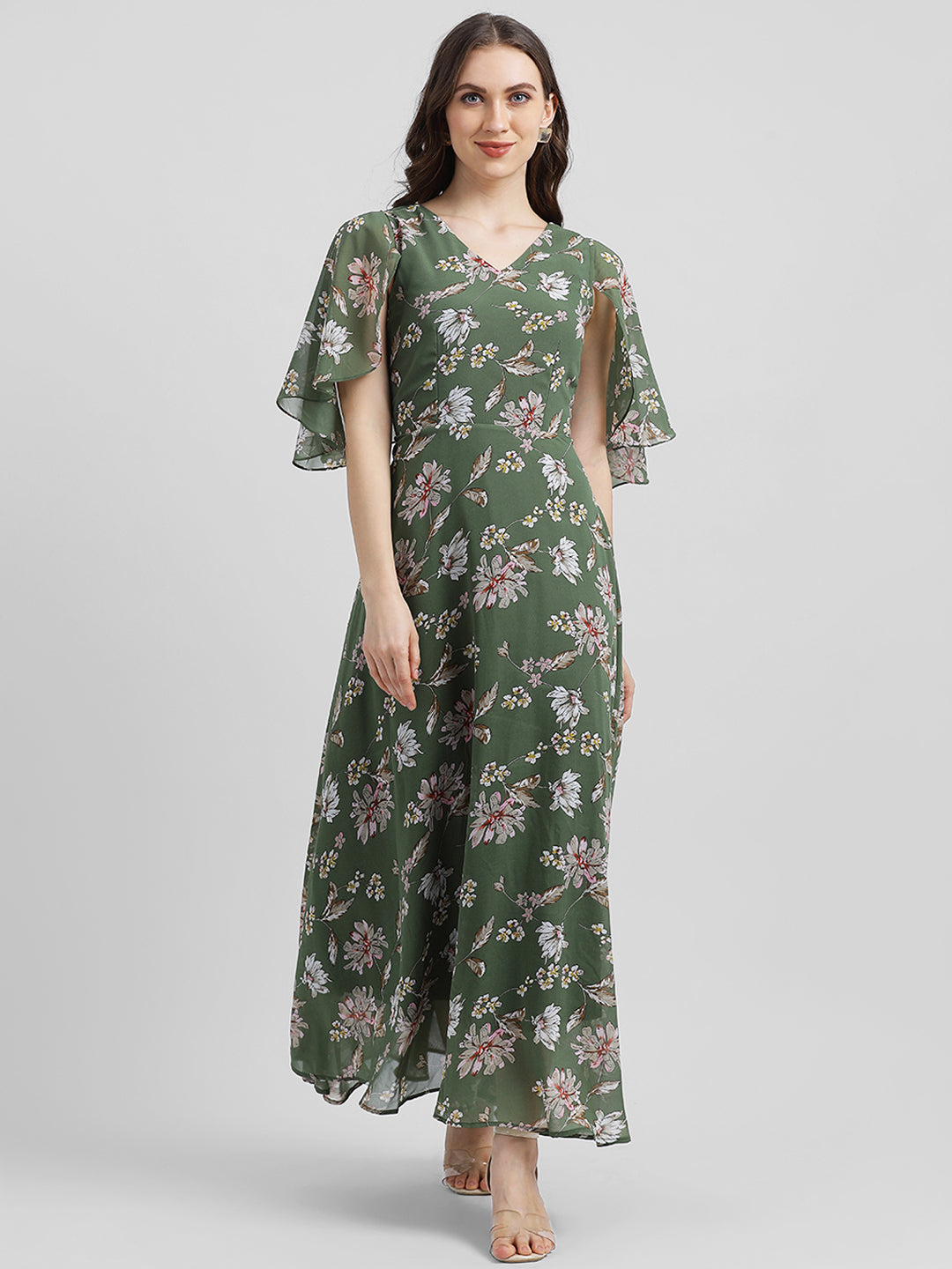 Olive Green Printed Maxi Dress