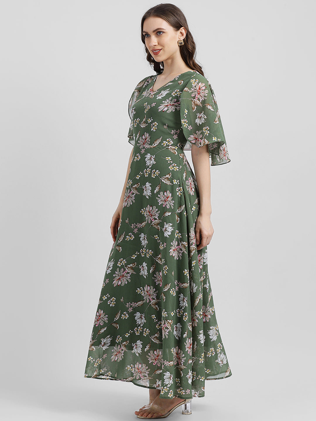 Olive Green Printed Maxi Dress