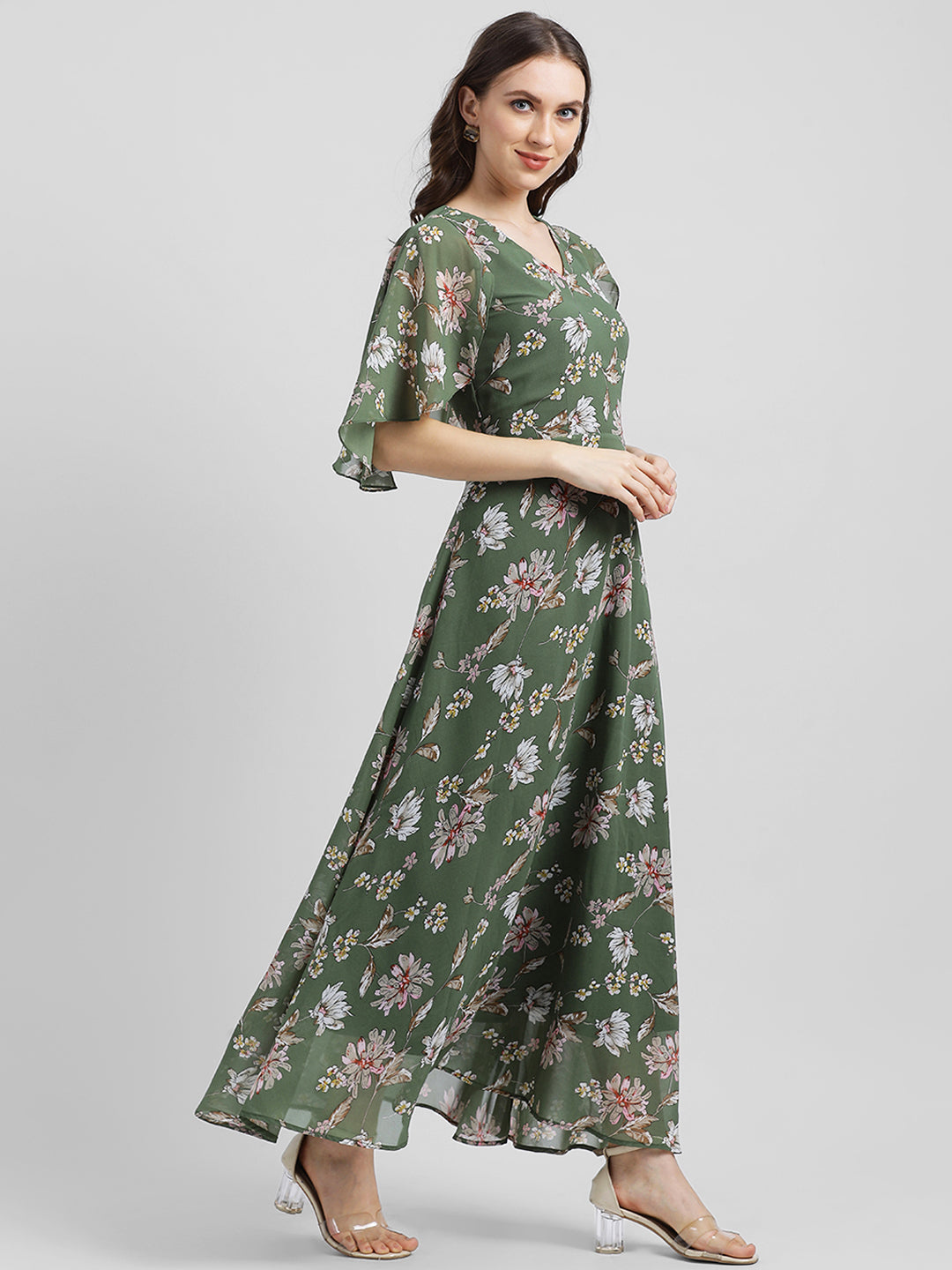 Olive Green Printed Maxi Dress