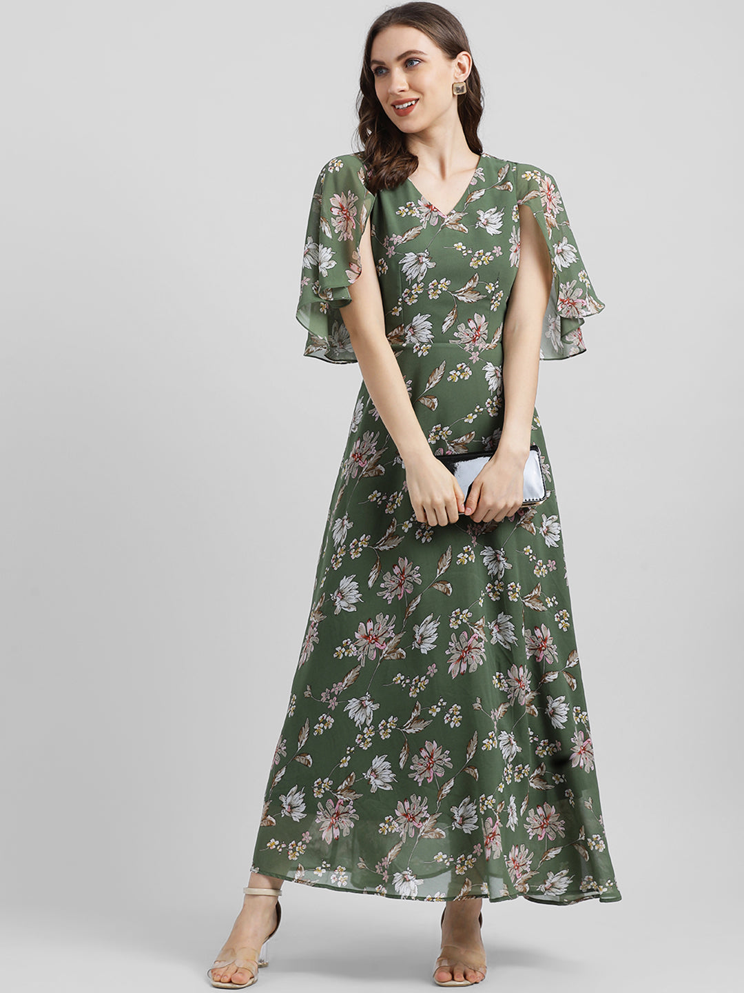 Olive Green Printed Maxi Dress