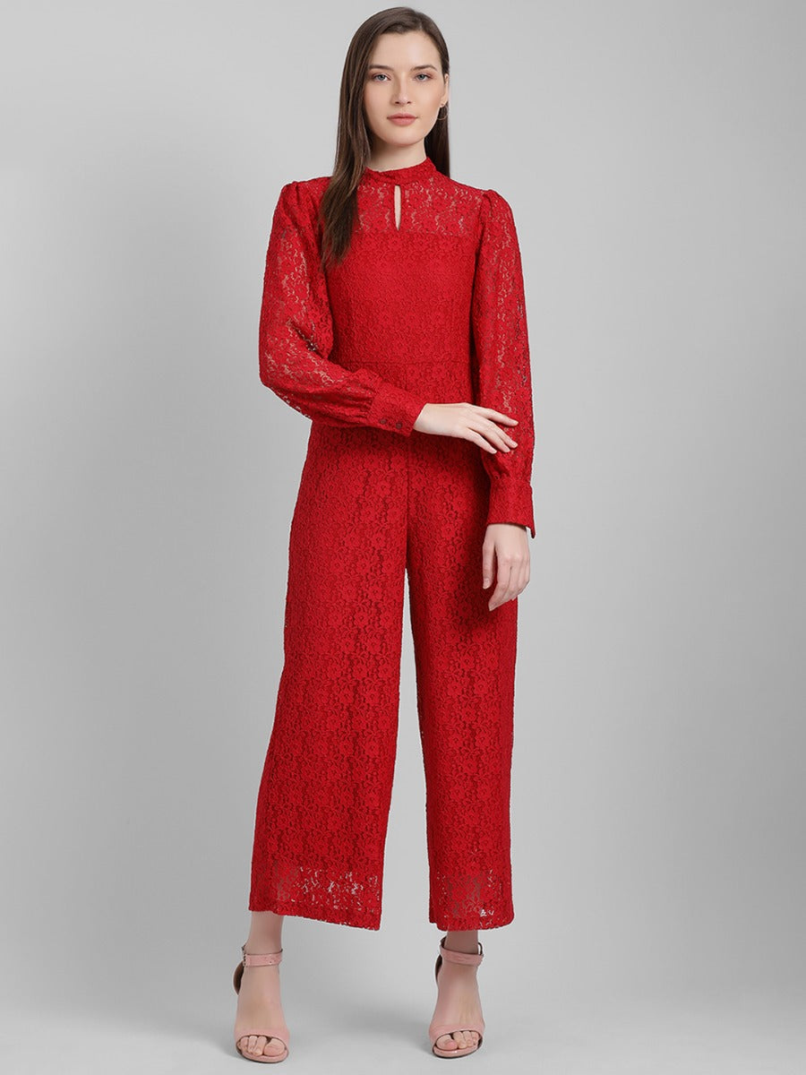 Red Self Design Regular Jumpsuit