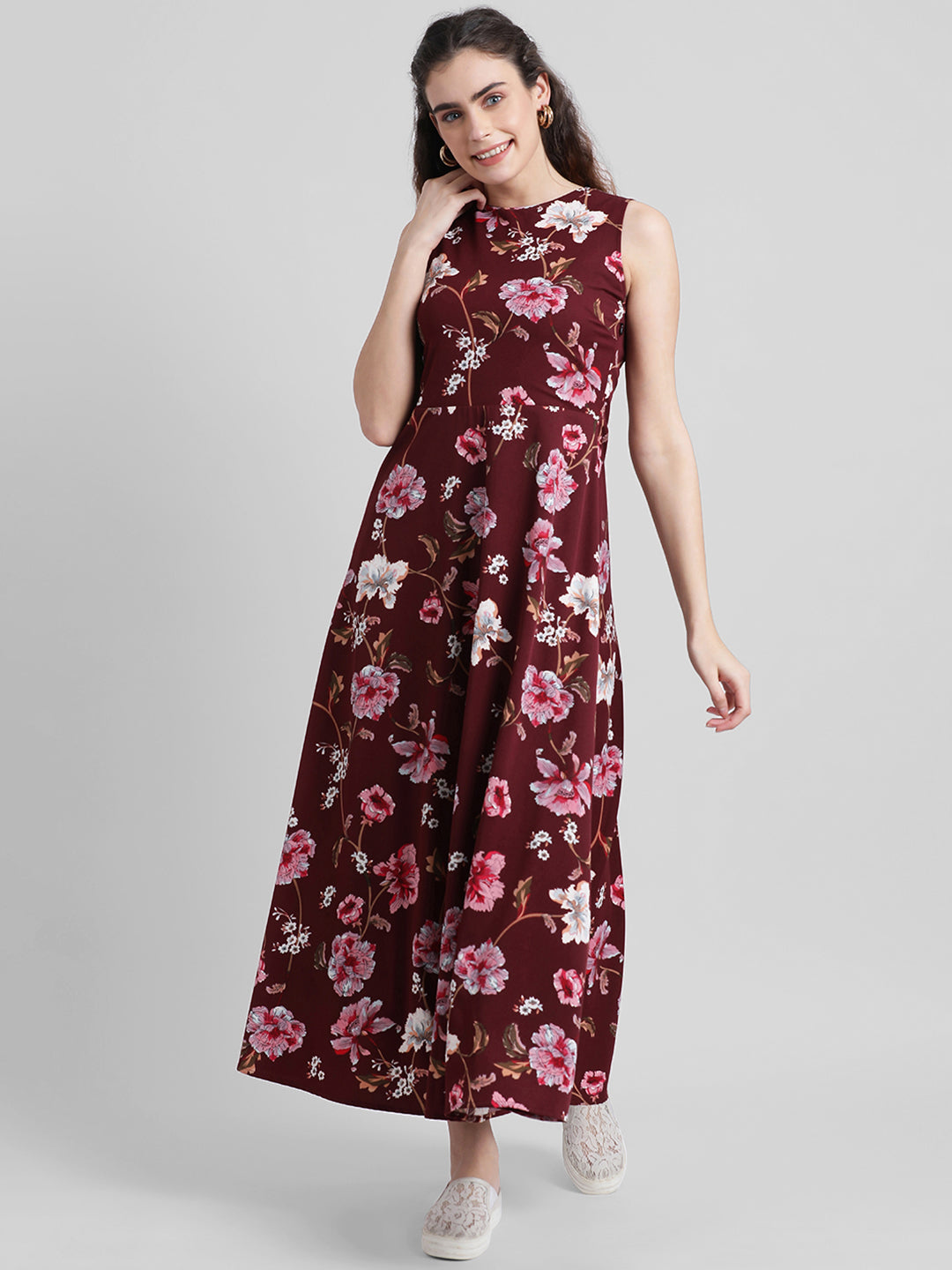 Maroon Printed Maxi Dress