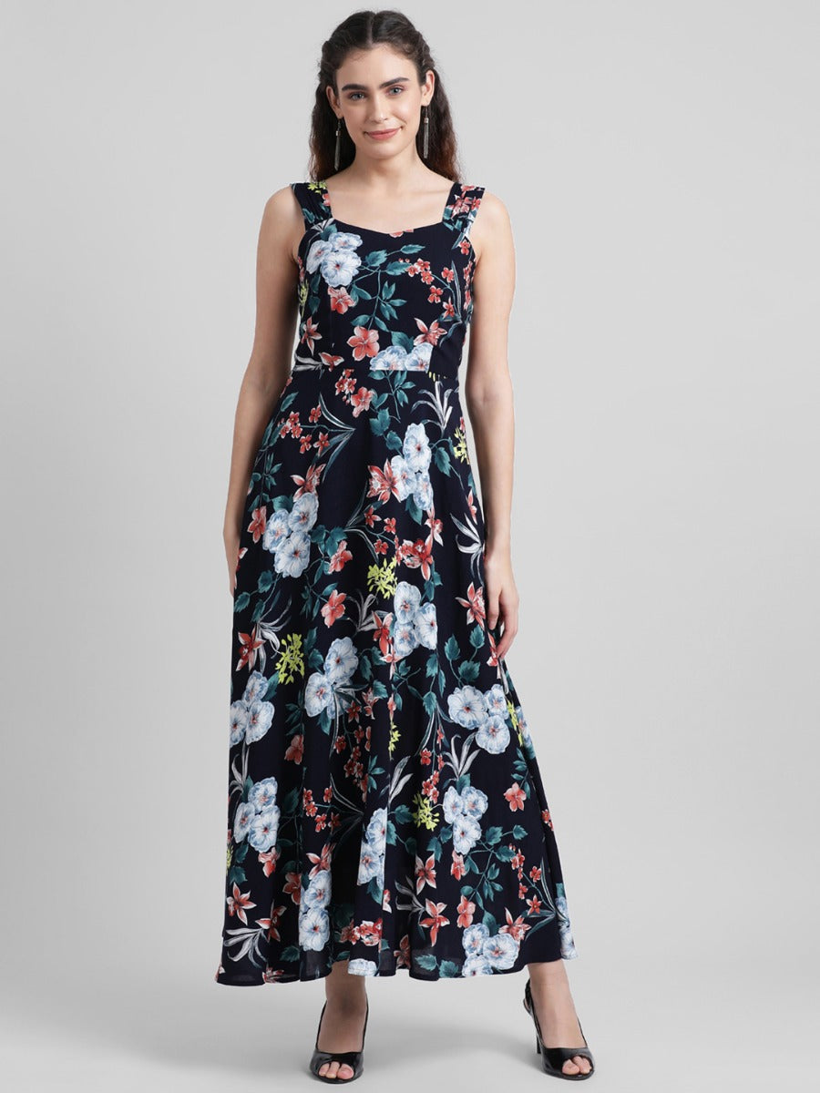 Navy Blue Printed Maxi Dress