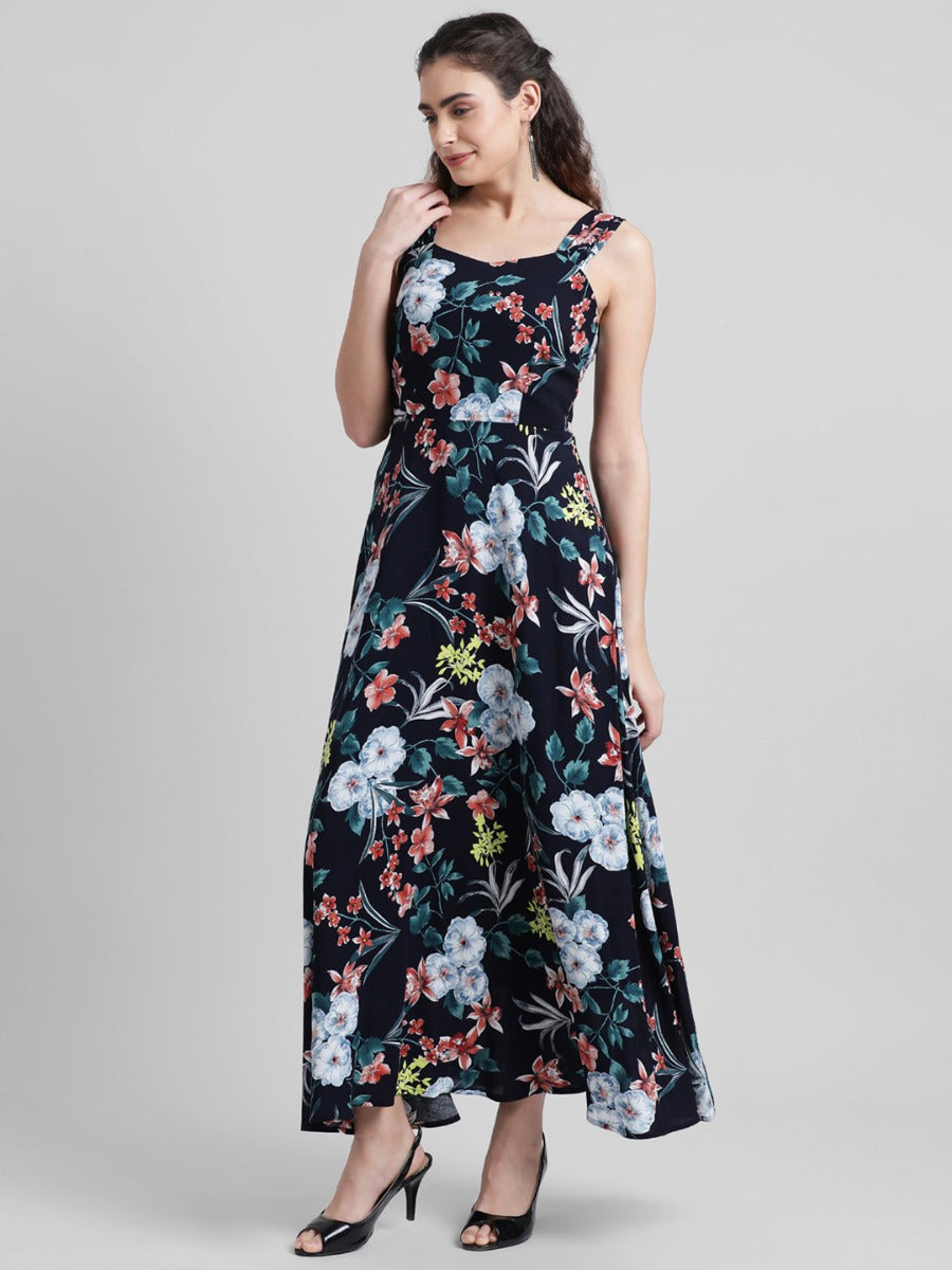 Navy Blue Printed Maxi Dress