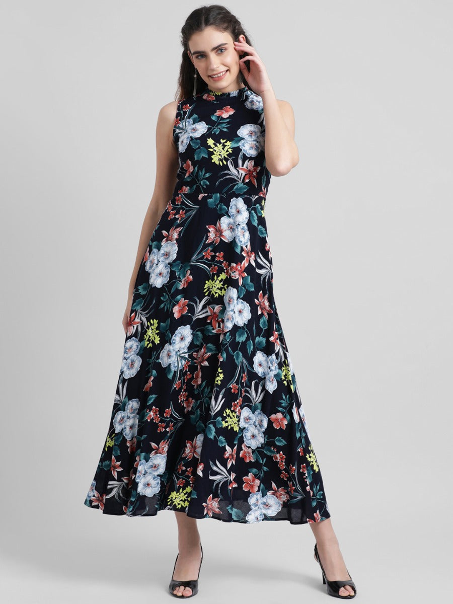 Navy Blue Printed Maxi Dress