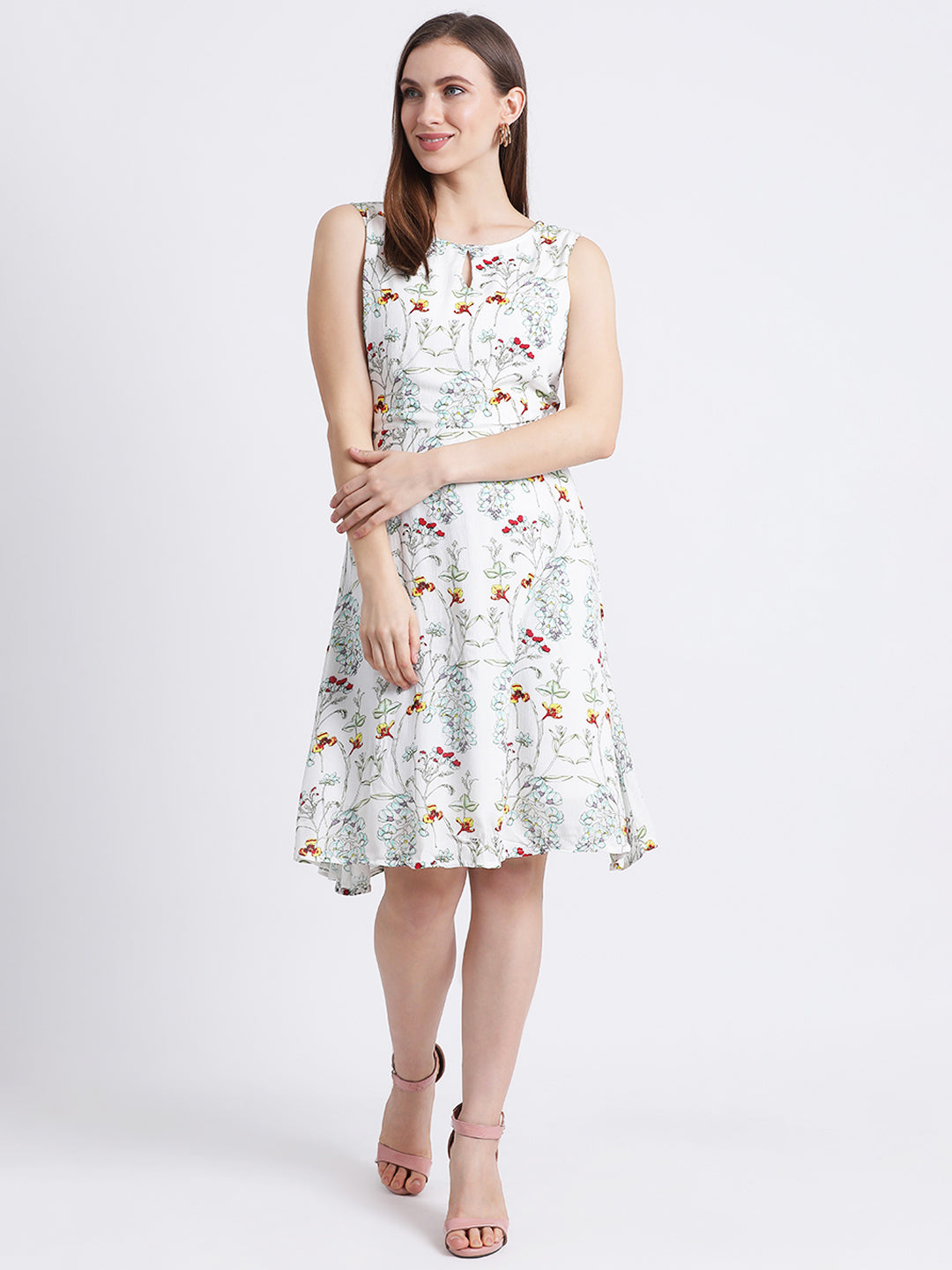 Off White Floral Print A-Line Dress