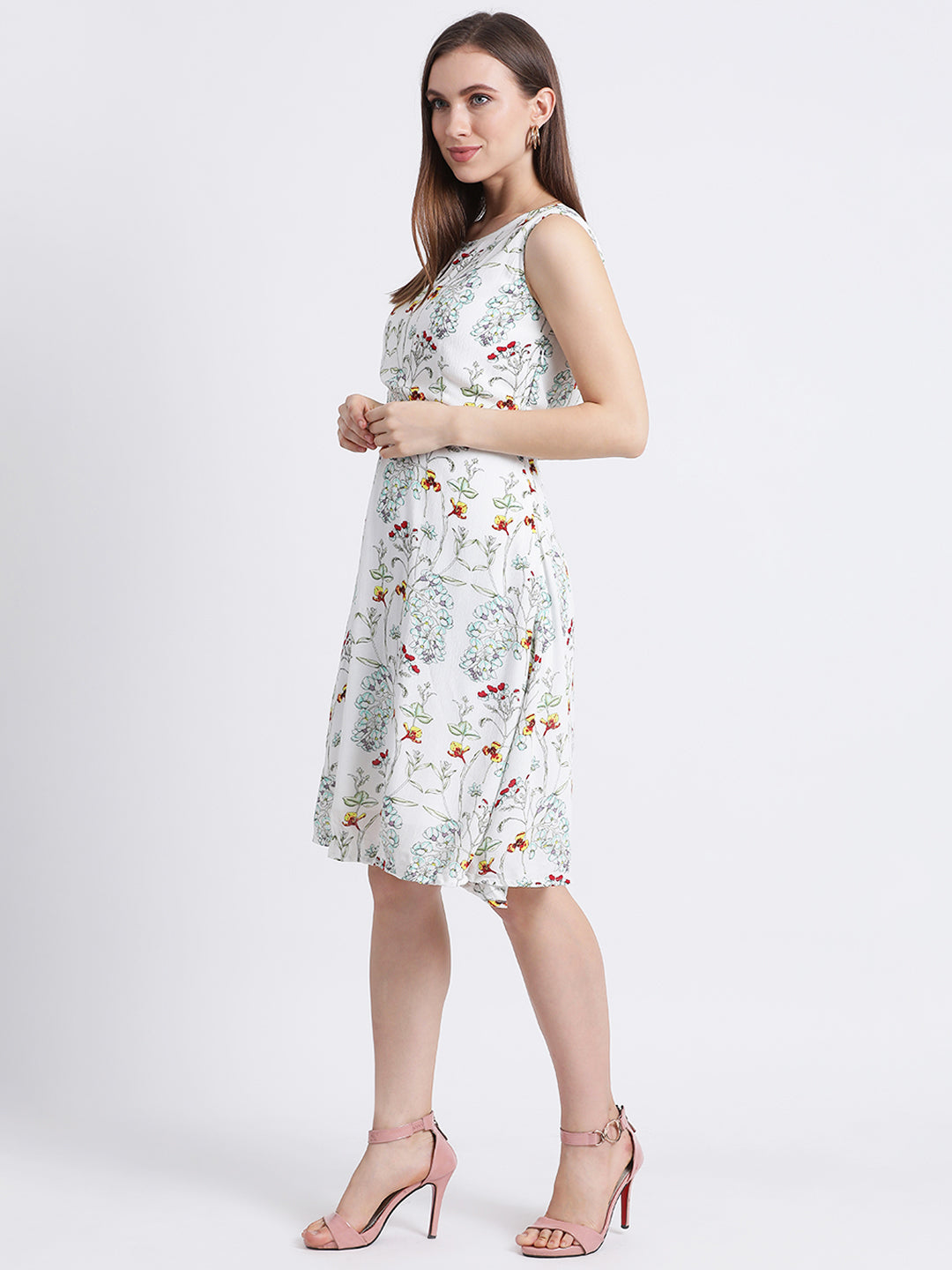 Off White Floral Print A-Line Dress